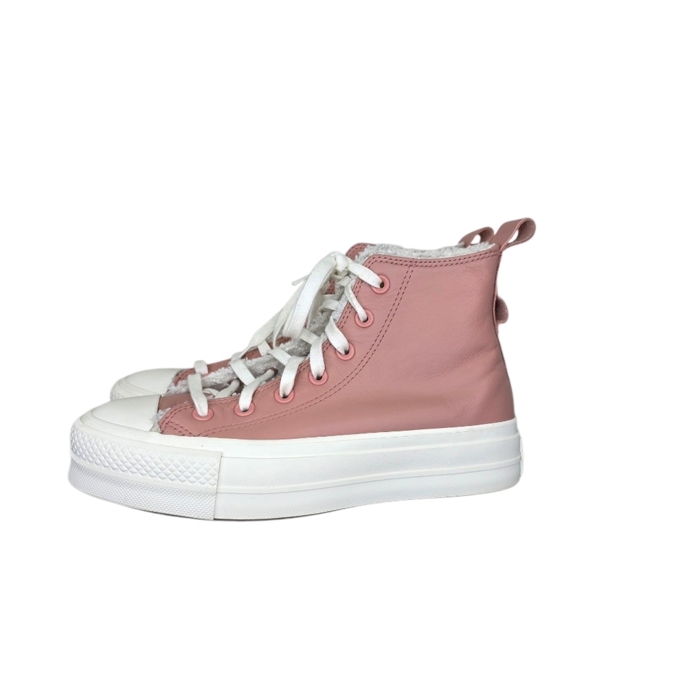 Converse Women 7.5 Chuck Taylor Leather Pink Platform Lift Sherpa Lined 00341